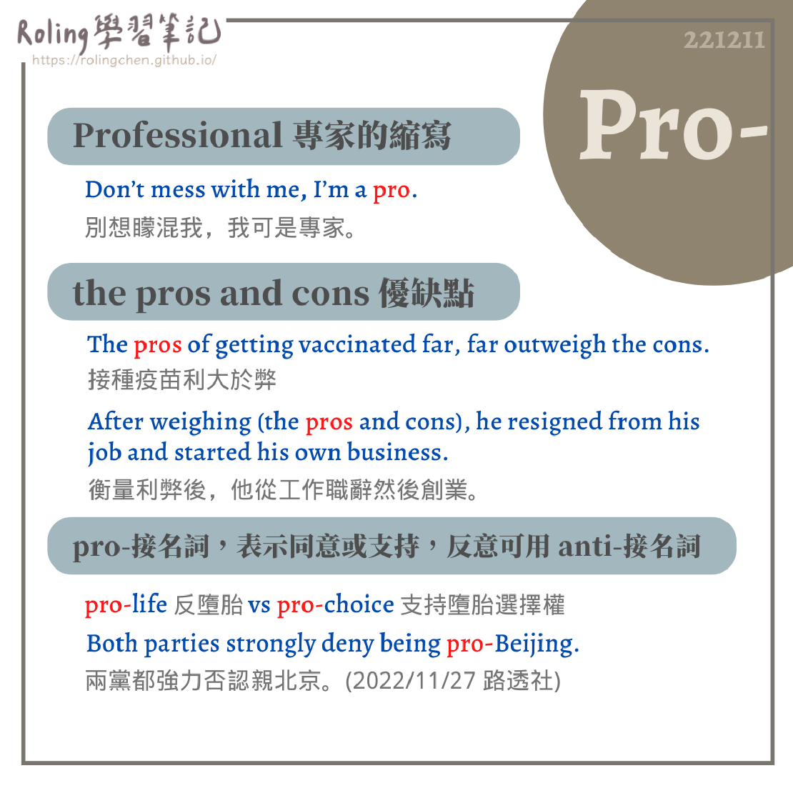 宅宅學英文 pro-加名詞 表示同意或支持